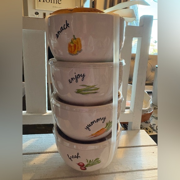 Rae Dunn White Ceramic Snack Bowl Set with Colorful Designs - Picture 1 of 3